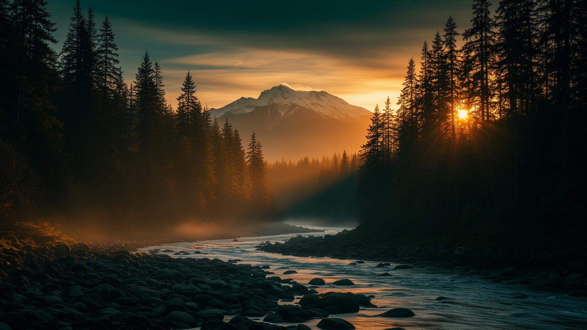 Pacific Northwest sunset over forested river valley with snow-capped mountain
